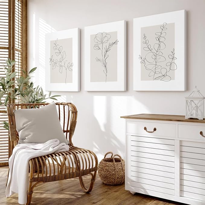 Youillne Neutral Botanical Prints Wall Art Flower Minimalist Canvas Wall Decor Vintage Line Wall Art Floral Plant Painting Pictures Beige Boho Artwork Farmhouse Poster for Bedroom 24x36 Inch Set of 3