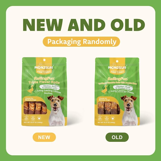 MON2SUN Dog Treats, 6 Inch Triple Flavor Wrapped Rawhide Rolls, 35.27 oz | 20 Count, Chicken Liver, Duck and Chicken Recipe, Teeth Cleaning Chews, Sized for Medium Dogs