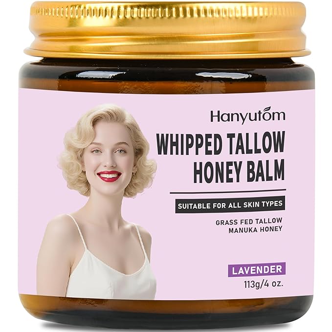 Whipped Tallow Cream for Face & Body - 100% Grass-Fed Beef Tallow, Natural Honey & Beeswax Moisturizer, Deep Hydration & Nourishment, Oil-Free & Unscented, Fast Absorbing-Lavender