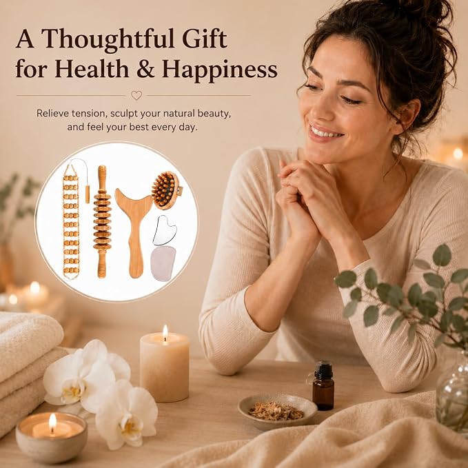 5PCS Wood Therapy Massage Tools Set, Maderoterapia Lymphatic Drainage Massager, Professional Maderoterapia Kit Cellulite Massager for Body Contouring,Relief Muscle， Gua Sha Facia Tools