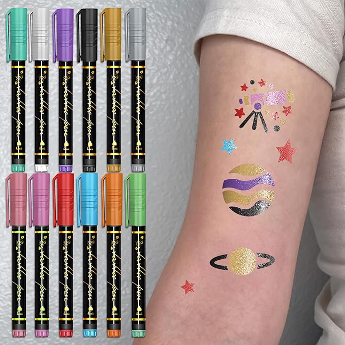 Temporary Tattoo Markers for Skin, 12 Metal Body Markers + 169 Large Tattoo Stencils for Kids Adults, Flexible Brush Tip, Bright Colors, Cosmetic-Grade Tattoo Ink, DIY Body Art Painting for Women Men