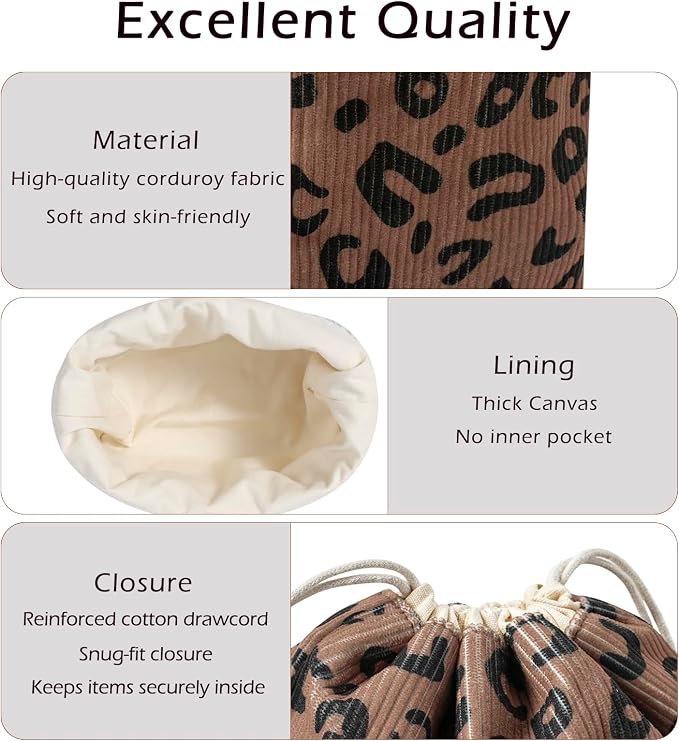 RSRSLEII Aesthetic Corduroy Drawstring Makeup Bag, Cute Coquette Drawstring Cosmetic Bag with Canvas Lining, Leopard Print Travel Makeup Organizer Case for Women Girls (10 Brown Leopard Print)