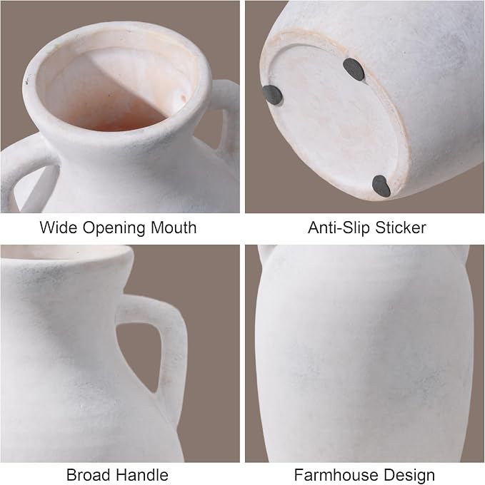 Ceramic Flower Vase with Handles, Neutral Tall Clay Decorative Terracotta Vases Farmhouse Table Vases Living Room Decor Rustic Pottery Pots for Home Shelf Coffee Dining Desk (A-12 h-Antique Beige)