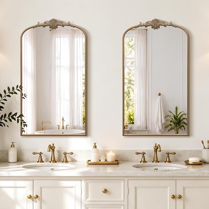 Besdomus Vintage Large Wall Mirror: 24"x42" French Brass Gold Vanity Mirror | Antique Metal Framed Decorative - Baroque Traditional Ornate for Hallway/Bathroom/Fireplace - Ideal for Bathroom Renovations