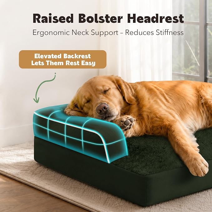 Orthopedic Waterproof Dog Bed with Bolster for Extra Large Size Dogs | Pillow Support for Neck Relief, Egg Crate Foam, Waterproof Liner, Anti-Slip Bottom, Removable Bolster Cover, 48 x 33 Inch
