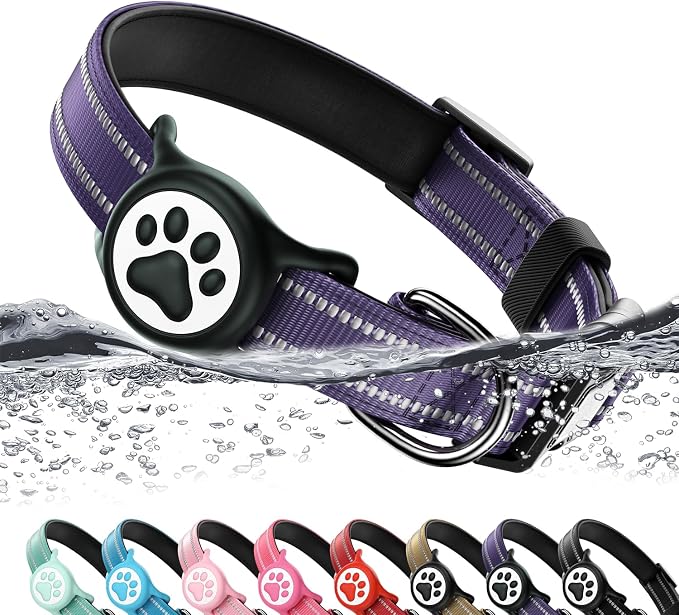 Premium Airtag Dog Collar，with IP68 Waterproof AirTag Holder,Purple,S | Soft,Breathable,Nylon Padded,Reflective,Ultra-Durable Buckle,Adjustable,Comfortable for Small Medium Large Dogs