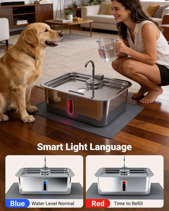 3.17Gal/12L Dog Water Fountain with Silicone Mat & 3 Filters for Dogs Cats | Stainless Steel Multi Pet Water Dispenser, Quiet Automatic Dog Water Bowl Dispenser with Visible Window & Alert Light
