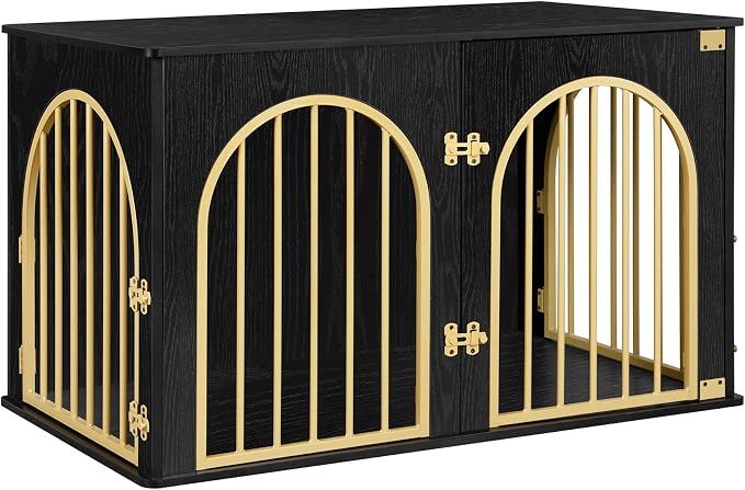 Hzuaneri 39.4'' Dog Crate Furniture,Dog Kennel Indoor for Medium/Large Dogs | Dog Kennel Furniture Wooden Dog Cage Heavy Duty Dog Crate Decorative Pet House End Side Table TV Stand,Black Gold DFC84104A