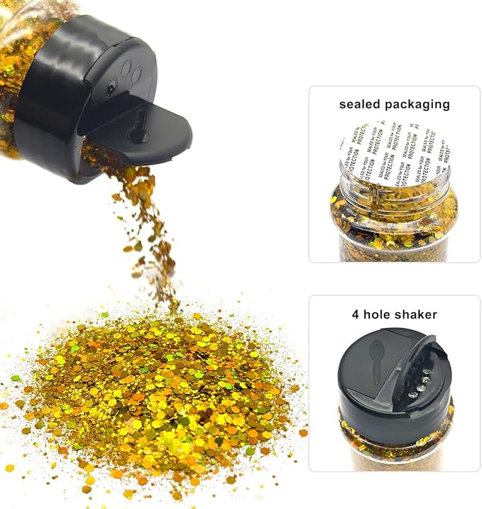 Gold - Craft Glitter - 2oz Glitter Shaker Bright Colorful Holographic Mix Chunky Body Glitter Bulk Wholesale 24 Colors in Shaker Cosmetic Glitter - EBLB200