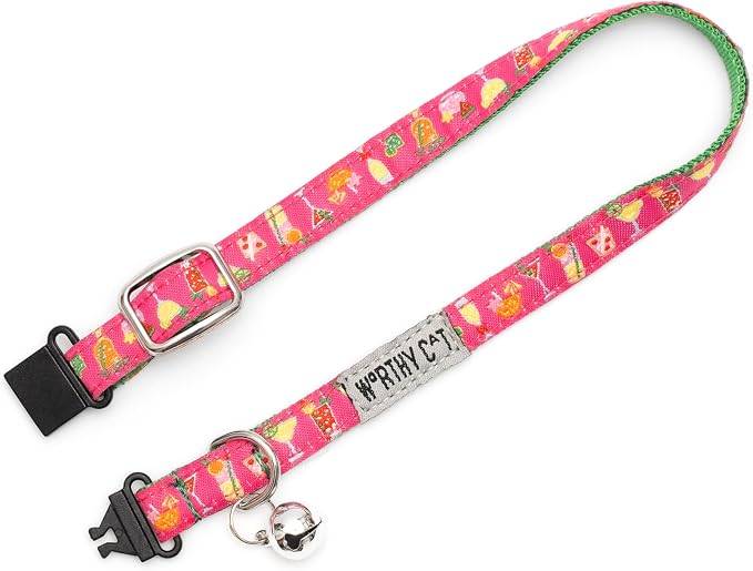 THE WORTHY DOG Summer Patterns, Breakaway Cat Collar, with Bell, Fuchsia