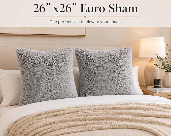 REAFORT Long Hair Faux Fur Euro Sham Cover 26"x26", Hidden Zipper (Grey) | Ultra-soft plush faux fur with a hidden zipper adds luxurious comfort and is machine washable for easy care.