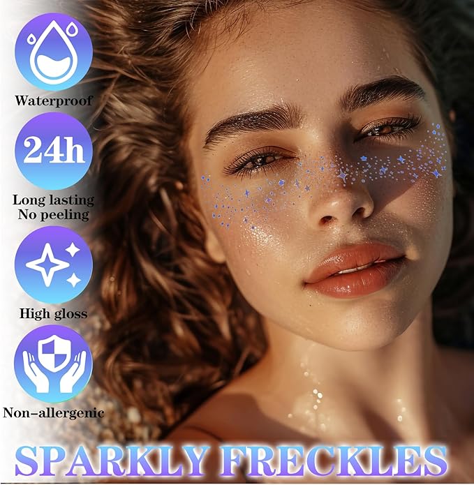 12 pcs Glitter Freckles Holographic Face Body Glitter Tattoo Sparkle Gold Glow Cosmetic Cute Star Temporary Face Tattoo Waterproof Sweatproof Sparkle Speckles Patches for Women Festival Rave Party