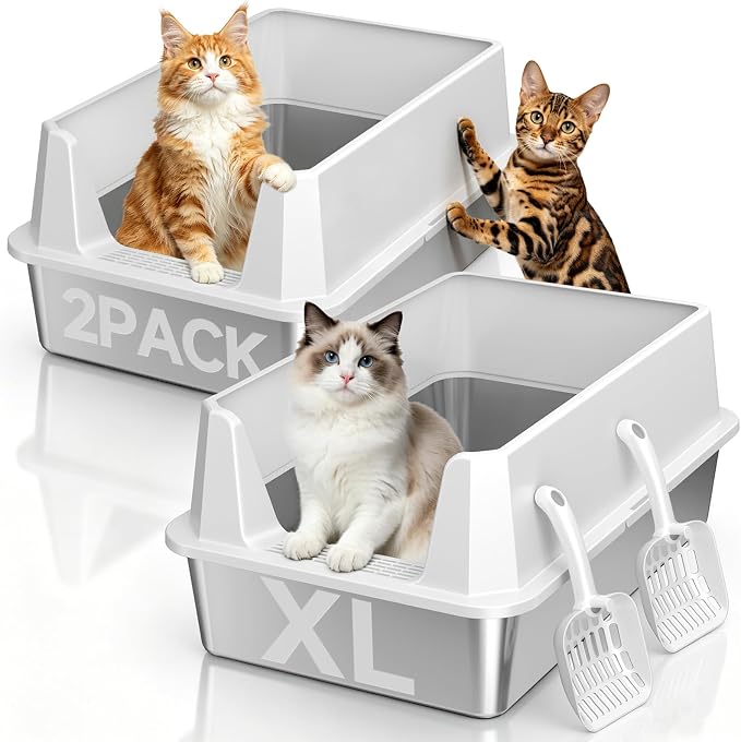 2 Pack XL Stainless Steel Cat Litter Box for Multi-Cat, Light Gray | High Sides, Extra Large Tall Wall Open Top Deep Metal Pan, Anti-Leak Non-Stick Odor Control, 2 Scoops Included
