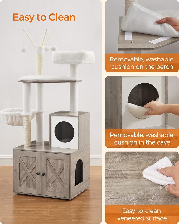 Feandrea Cat Tree with Litter Box Enclosure, 59-Inch Modern Cat Tower | 2-In-1 Condo with Scratching Posts, Washable Removable Cushion, Greige UPCT113G01