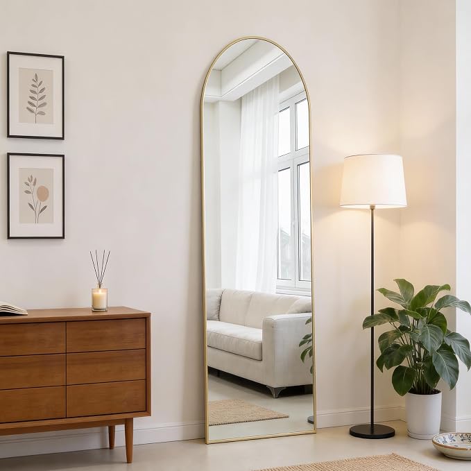 DUMOS Arched Full Length Mirror Over the Door, 47"x14" Wall Mount Mirror | Door Mounted Body Dressing Mirror, Metal Aluminum Alloy Frame, Bedroom Living Room Entryway, Gold