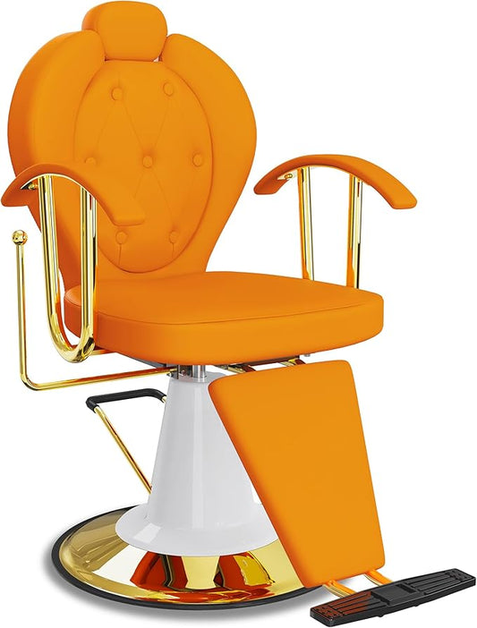 Baasha Reclining Salon Chair for Hair Stylist, All-Purpose Hair Chair with Hydraulic Pump, 360° Swivel, Removable Headrest, Heavy-Duty Base, 440 lbs Capacity - Orange