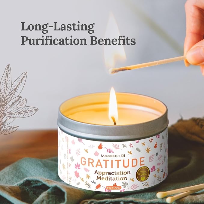 MAGNIFICENT 101 Gratitude Candle - 6 Oz Soy Wax - 35 Hour Burn Time & Paraffin Free - Sage Aromatherapy & Energy Cleansing - Meditation & Manifestation CandleCream White