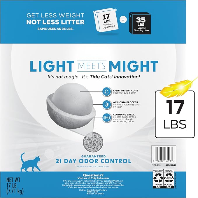 Purina Tidy Cats LightWeight Instant Action Cat Litter, 17 lb | Scented, 99.9% dust-free cat litter, 21-day odor control, tight clumping for multi-cat homes, easy to carry