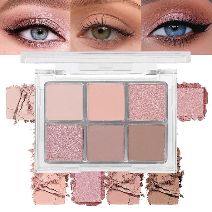 6 Colors Glitter Matte Eyeshadow Palette,Natural Nude Brown Rose Gold Coffee Sparkly Eye Shadow Makeup,Warm Pastel Eyeshadows Palette Long Lasting Waterproof Naturing-Looking Women Girls Eye Shadow 01