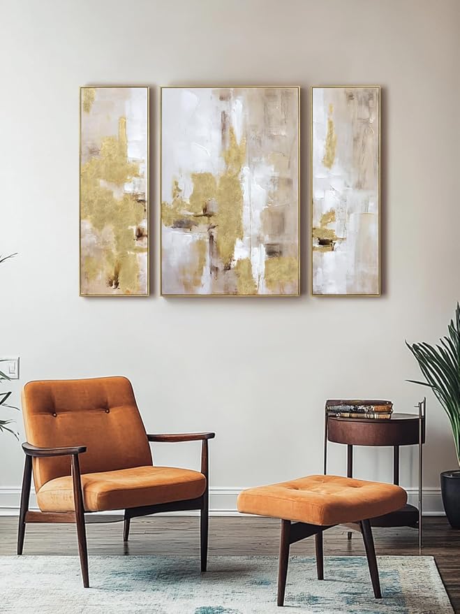 Zessonic Abstract Gold and Beige Textured Wall Art,12"x36"x2 and 24"x36"x1 | Gold and Beige Modern Textured Canvas Prints with Hand-Applied Brush Strokes, Large Wall Decor for Bedroom Office Dining Room