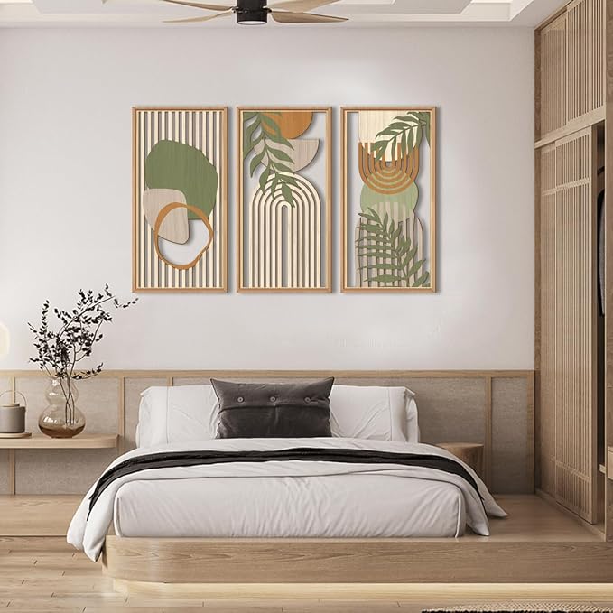 IARTTOP Large Boho Mid-Century Modern Wood Wall Art 16x32 Inch Framed Green Abstract Leaf Wooden Wall Decor Bohemian Minimalist Geometric Wall Art Decor for Bedroom Living Room Office Set of 3