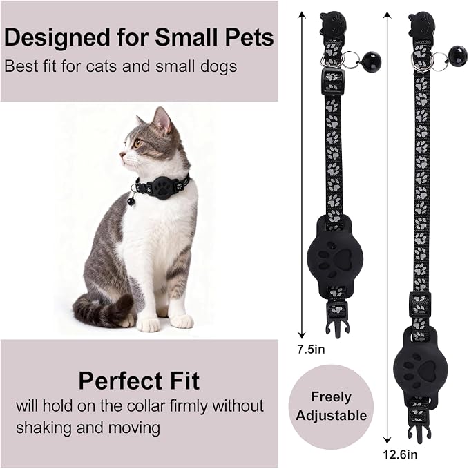 GPS Cat Collar with Bluetooth Tracker Holder - Breakaway Adjustable (7.5-12.6") for Small Cats for iOS (Findmy App) | No Monthly Fee | Waterproof Lightweight Reflective Pet Tracker