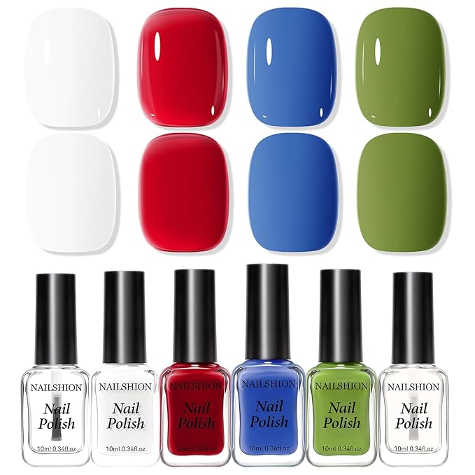 Classic Red Green Blue White Nail Polish Set with Clear Base & Top Coat, French Nail Polishes Non-Gel for All Seasons, Castor Oil, Quick Dry, Vegan,Hema-free, DIY Nails Art Gift for Women