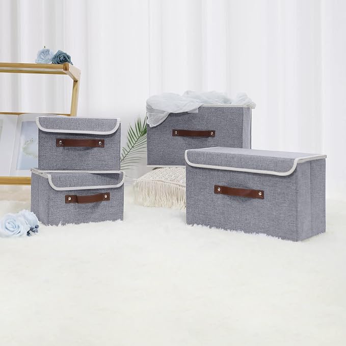 ANMINY Fabric Storage Box Bins with Lids, Gray, 15"x10"x10", 2 Pack | Keepsake Memory Storage, Cotton Linen, PP Board Reinforced, Washable, PU Handles, Foldable & Stackable, Decorative, Large