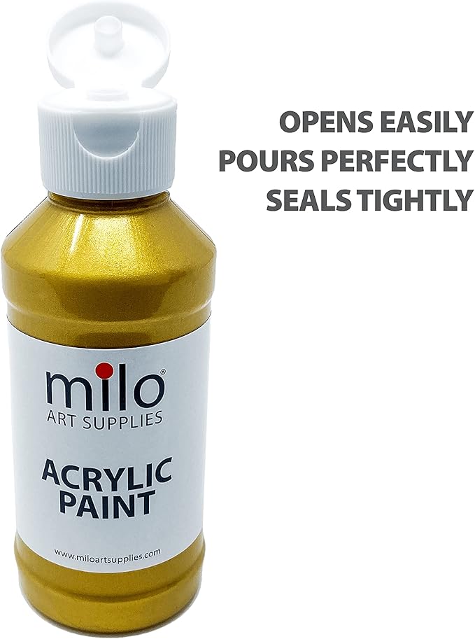 milo Metallic Acrylic Paint Set of 6 Colors | 4 oz Bottles | Student Metallic Colors Acrylics Painting Pack | Made in the USA | Non-Toxic Arts & Crafts Paints for Artists & Hobby Painters