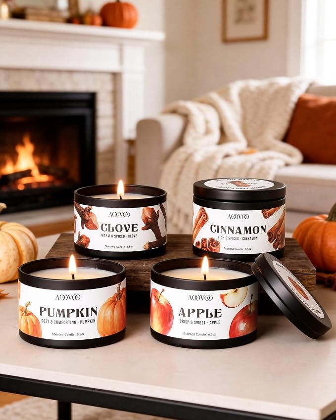 AOOVOO Fall Candle Set - 4 Pack Scented Candles for Home, 26oz up to 200 Hours Long Lasting, Pumpkin/Apple Cinnamon/Clove Cinnamon/Cinnamon Candles Gift Autumn Fragrance Decor