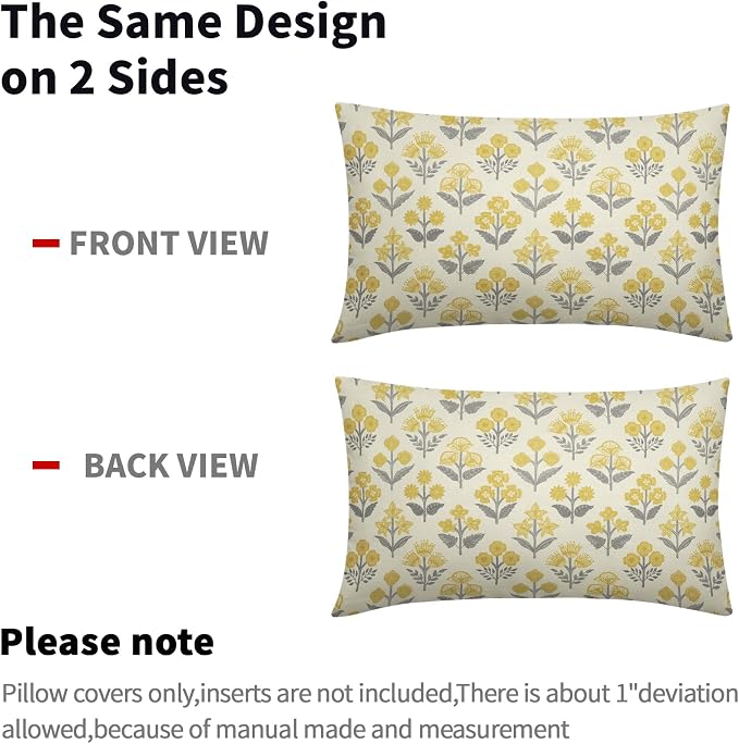 Yellow Grey Gray Floral Pillow Covers 12x20 Inch Set of 2, Block Print Lumbar Flower Cream Decorative Throw Pillowcases Outdoor Farmhouse Rectangle Cushion Covers Spring Summer Sofa Couch Bed Decor