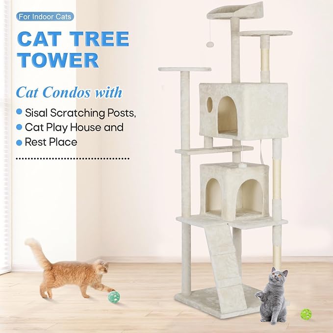 FDW | 81" Cat Tree Tower | Beige | Multi-Level Indoor Activity Center with Sisal Scratching Posts, Condos, Plush Perches, Hanging Cat Toys | Sturdy, Easy to Assemble | for Kittens & Adult Cats