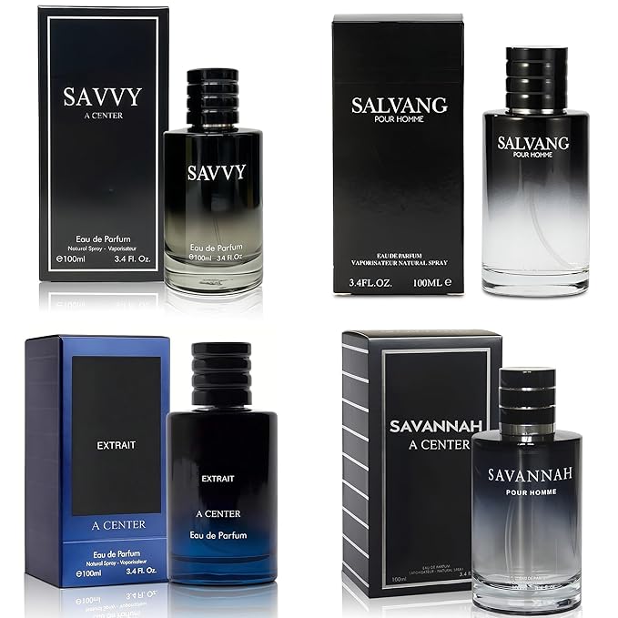A CENTER Men's Cologne Gift Set 4 Pack Vary Scent Men Perfumes - 3.4 Fl Oz Each | Vanilla Bourbon, Leather & Amber Floral Fragrance | Luxury Eau de Toilette Quartet