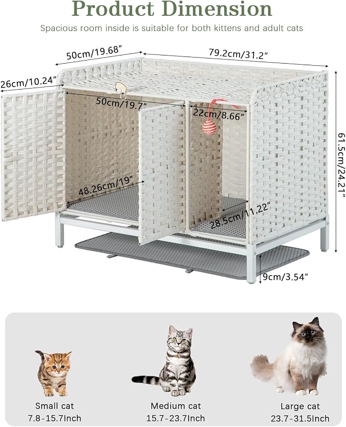 SETVSON Cat Litter Box Enclosure Furniture with Divider, Hidden House White | Handwoven PE Rattan with Washable Mat, 3.54-In Heightened Metal Feet, 31.2 x 19.6 x 24.2 Inches Spacious Cabinet