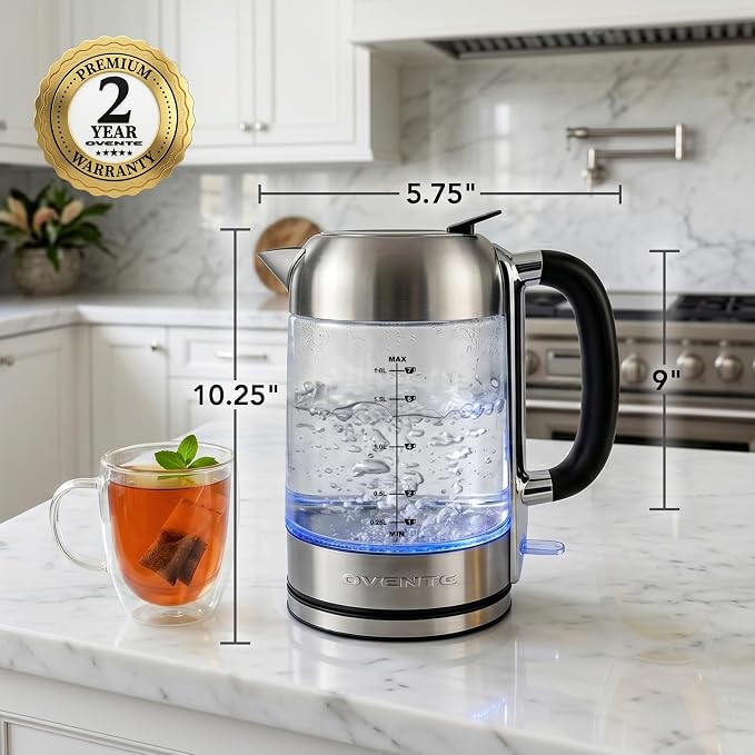 OVENTE Electric Kettle, 1.8L Tea Kettle and Hot Water Boiler For Coffee or Tea, Easy to Fill Lid, Auto Shut-Off, Borosilicate Glass with Stainless Steel Filter, 1500W, BPA Free, Silver KG71S