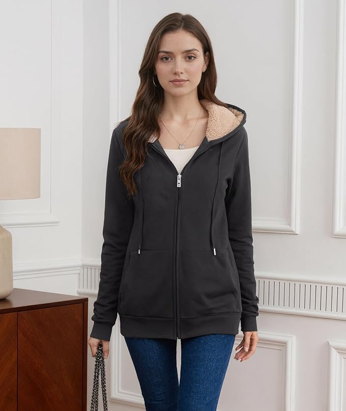 Little Beauty Womens Zip Up Hoodies Winter Thick Fleece Lined Hooded Jacket Casual Cozy Warm Sweatshirt Coat