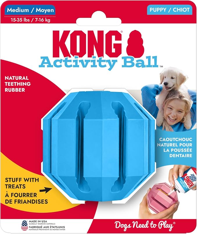 KONG Puppy Activity Ball, Natural Rubber Teething Toy, Medium Puppies, Blue