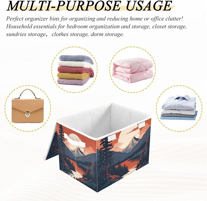 Mountains Trees Storage Bins with Lids and Carrying Handle,Foldable Storage Boxes Organizer Containers Baskets Cube with Cover for Home Bedroom Closet Office