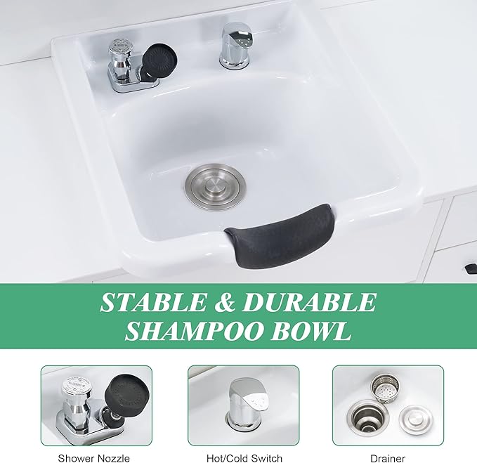 BarberPub Multi-Functional Shampoo Backwash Sink Station with Shampoo Bowl for Hair Stylist, Salon Spa Beauty Cabinet with Faucet Sprayer, Barber Storage Equipment 7139 (White)