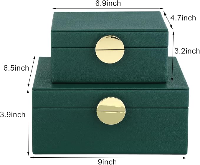 HofferRuffer Faux Leather Jewelry Boxes, Decorative Boxes Storage Accessory Organizer with Gold Hardware Decor, Classic Vegan Leather Set of 2 Pieces (Green)