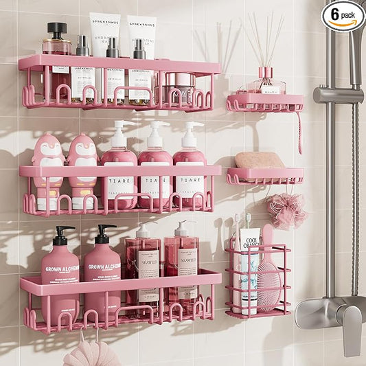Veken Large Capacity Shower Caddy 6-Pack, No Drilling & Rustproof, Adhesive Shower Shelves with Soap Holder, Bathroom Organizers and Storage, Wall-Mounted Kitchen & Home Decor, Pink