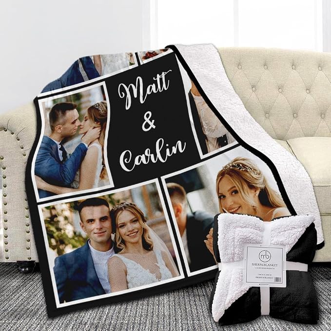 Ships Next Day, Custom Sherpa Fleece Blanket with Photos Text Soft Warm Custom Blanket Personalized Couples Gifts for Boyfriend Girlfriend Customized Picture Blanket Gifts for Christmas Valentines Day