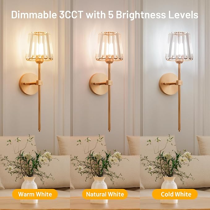 Crystal Battery Operated Wall Sconces Set of 2, Gold Rechargeable Wireless Wall Sconce Lights with Crystal Lampshade, 12 RGB and 3CCT Dimmable Wall Lamps with Remote for Bedroom Living Room Hallway