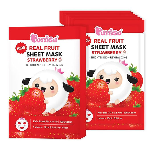 Puttisu Real Fruit Facial Mask Sheet for Kids, Children - Made with 100% Cotton, Moisturize, Sooths and Hydrates Skin (Strawberry- Pack of 7)