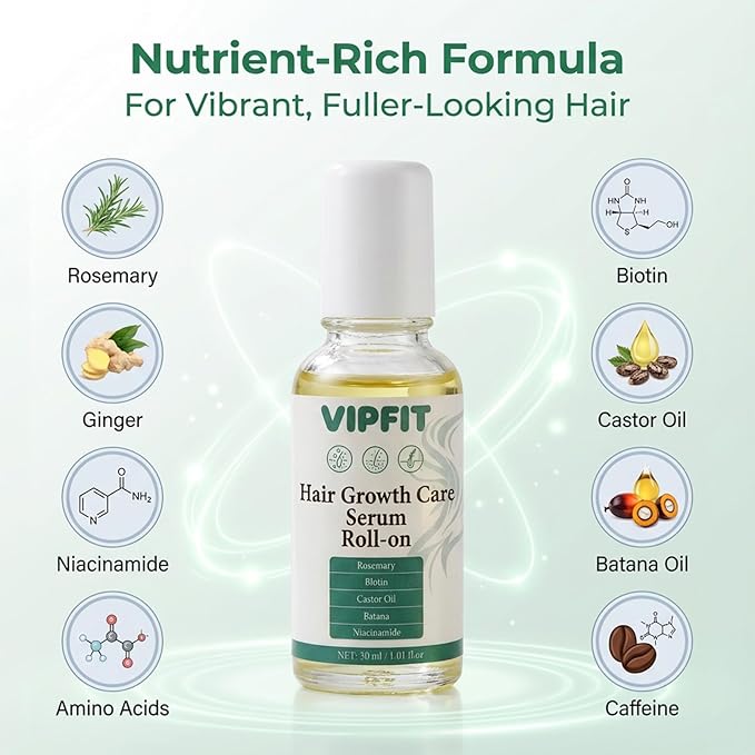 Hair Growth Care Serum Roll-On with Rosemary, Niacinamide, Ginger, batana & Castor Oil, Nourishes Scalp for Thicker-Looking, Vibrant Hair, Light Camellia Scent, 30ml/1.01 fl.oz