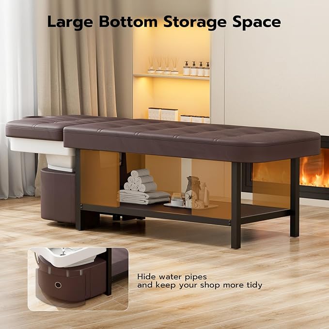 SyyBhb 2-in-1 Shampoo and Massage Bed with Waterfall Head Spa Equipment and Storage, Suitable for Barbershops Beauty Salon Spa Treatment Therapy Home Use, Brown