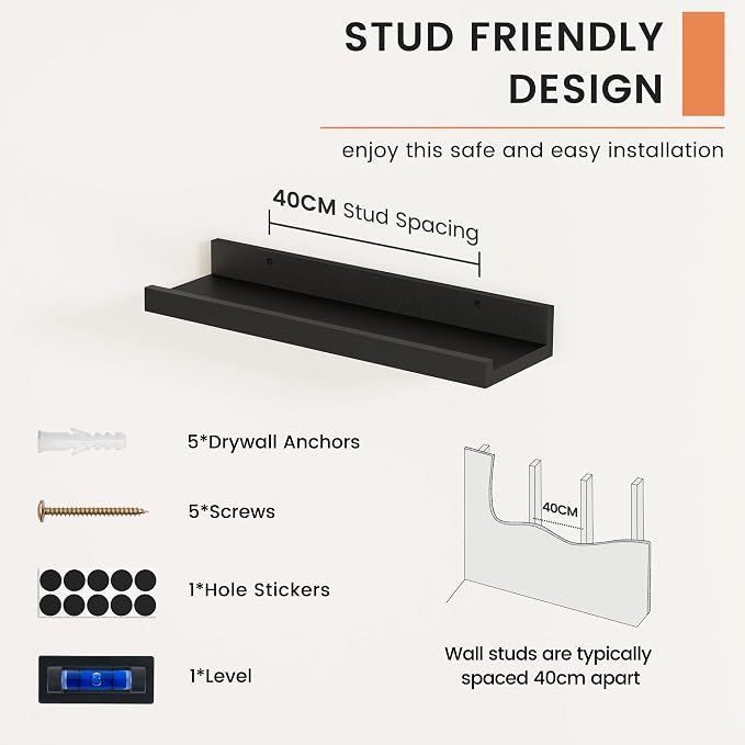 Picture Ledge Shelf, Floating Shelves for Wall, 16" W Set of 2, Black | FSC Certified Engineered Wood, Wall Mounted Bookshelf, for Nursery Living Room Bedroom, Pre-Drilled, Easy Install