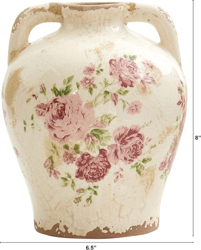 Nearly Natural 8 in Tuscan Ceramic Floral Print Vase for Home Decor Office | Premium Quality Ceramic, Vintage Floral Print Jar, Country-Chic Centerpiece, Shelf and Table Accent