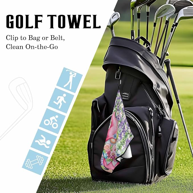 Blue Purple Gnomes Golf Towel with Clip, Spring Hydrangea Flower Leaf Green Plaid Large Microfiber Women Men Sports Work Out Disc Golf Bag Towel for Yoga, Gym, Fitness, Swimming Towels Accessory