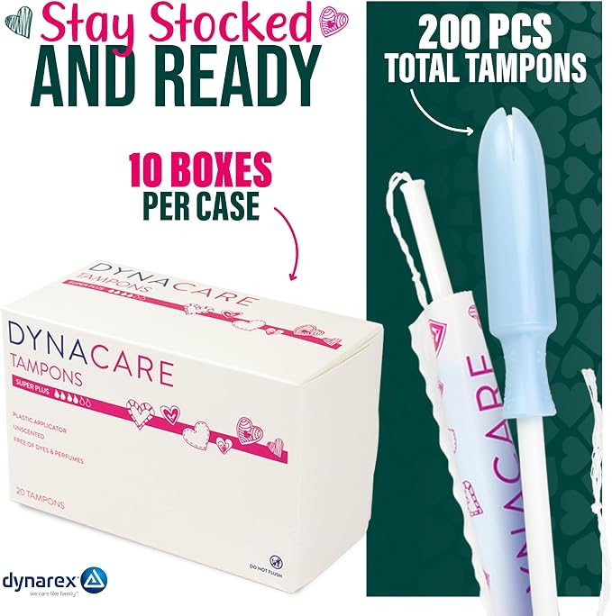 Dynarex Super Plus Tampons – Bulk Feminine Hygiene Product with Plastic Applicator – 6 Hour Protection – 10 Boxes of 20 Total Tampons